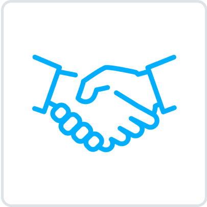 Blue handshake icon on black background.